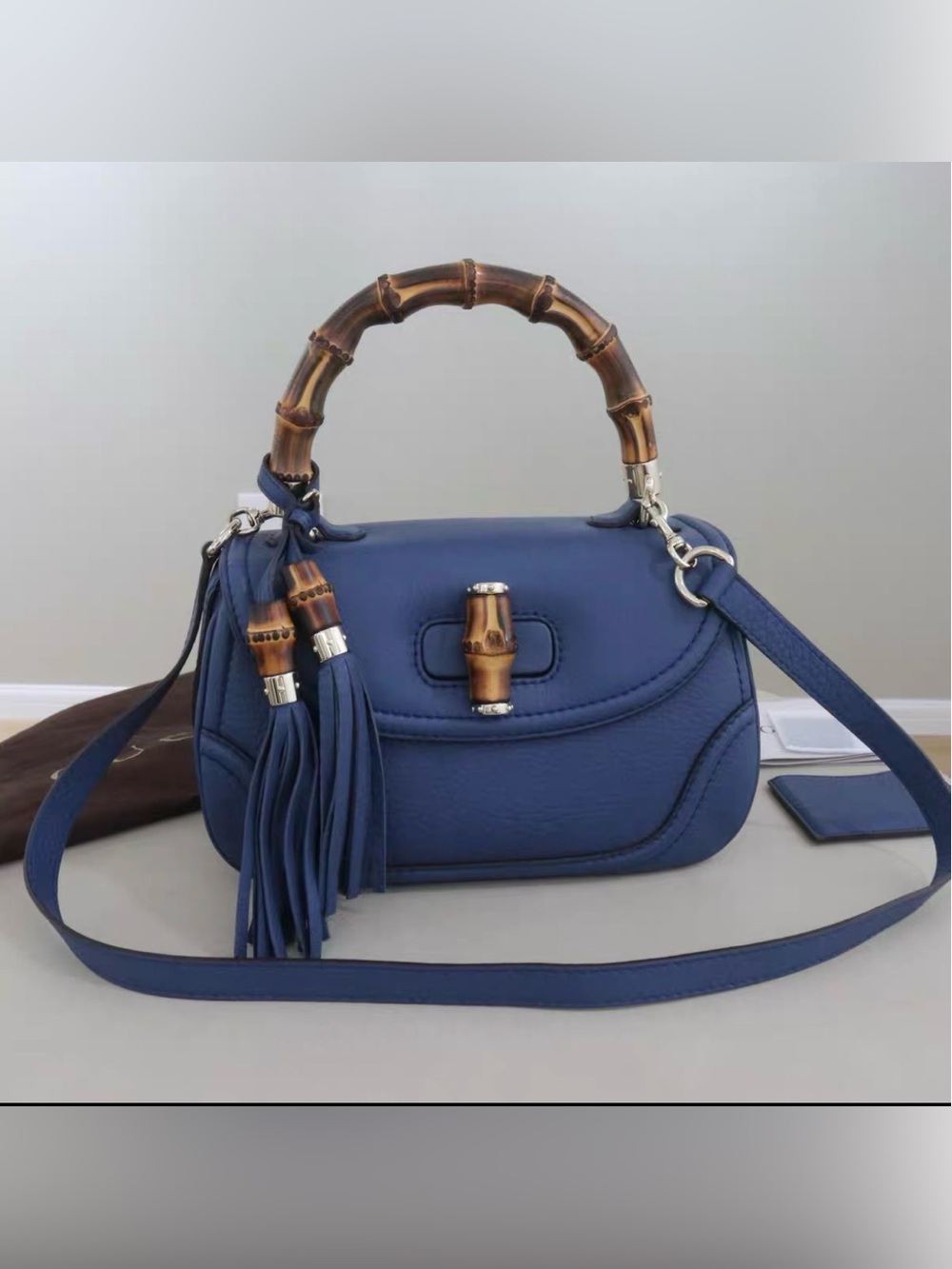 🚩steal Gucci Blue Leather Bamboo Handle Shoulder Bag with Tassels